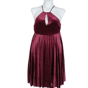 Endless rose burgandy velvet  halter pleated fit and flair dress Size large